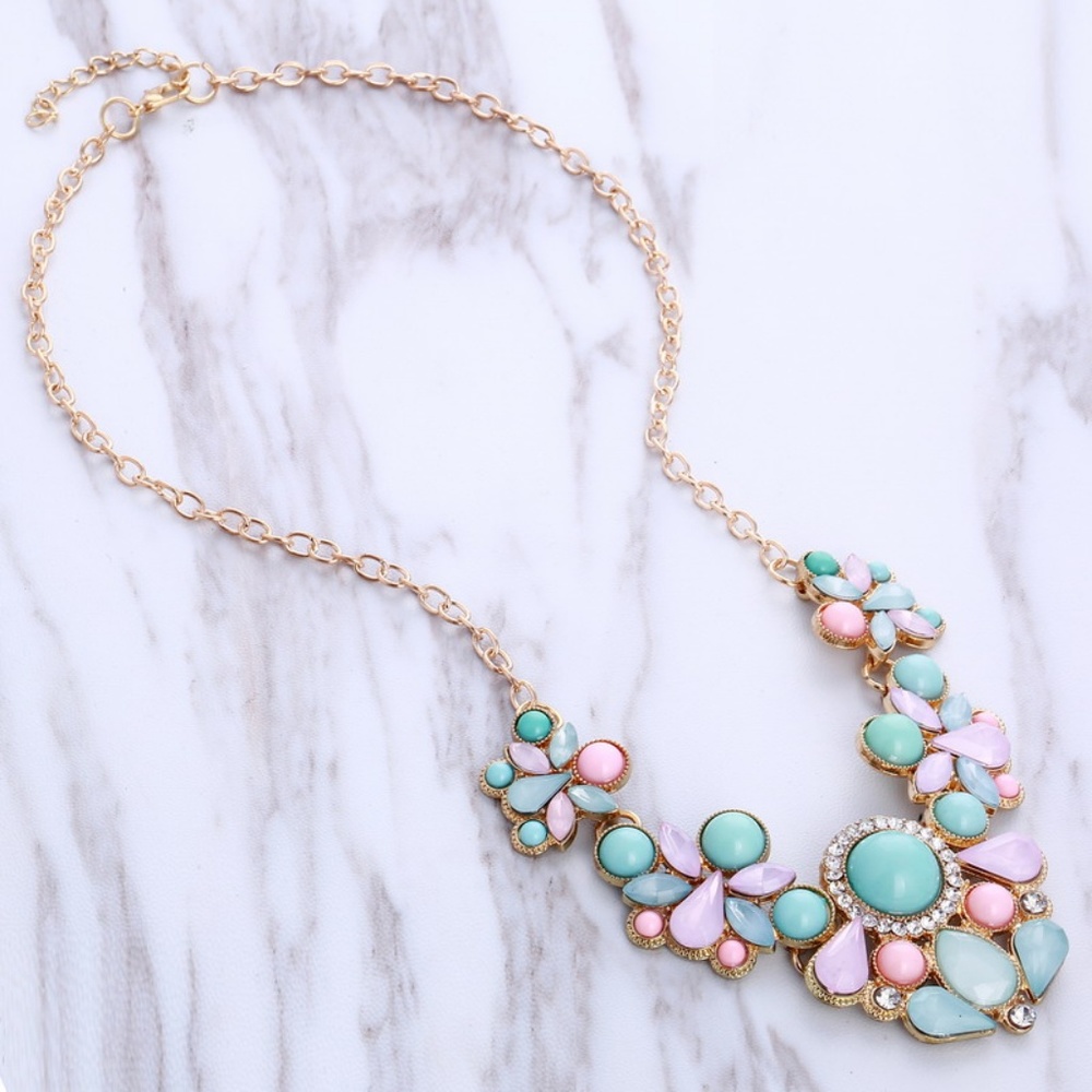 N46 | Pink Blue Beads Geometric Mosaic Necklace - Picture 3 of 7